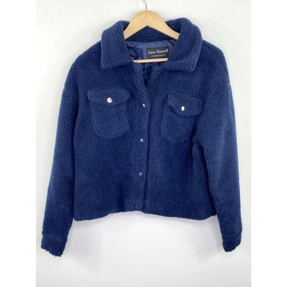 Jason Maxwell Navy Blue Sherpa Fleece Shirt Jacket Women's Size Medium M - Picture 1 of 8